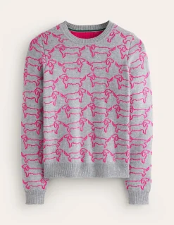 Heather Jacquard Sweater-Grey Marl, Pink Sausage Dog-Boden Outlet