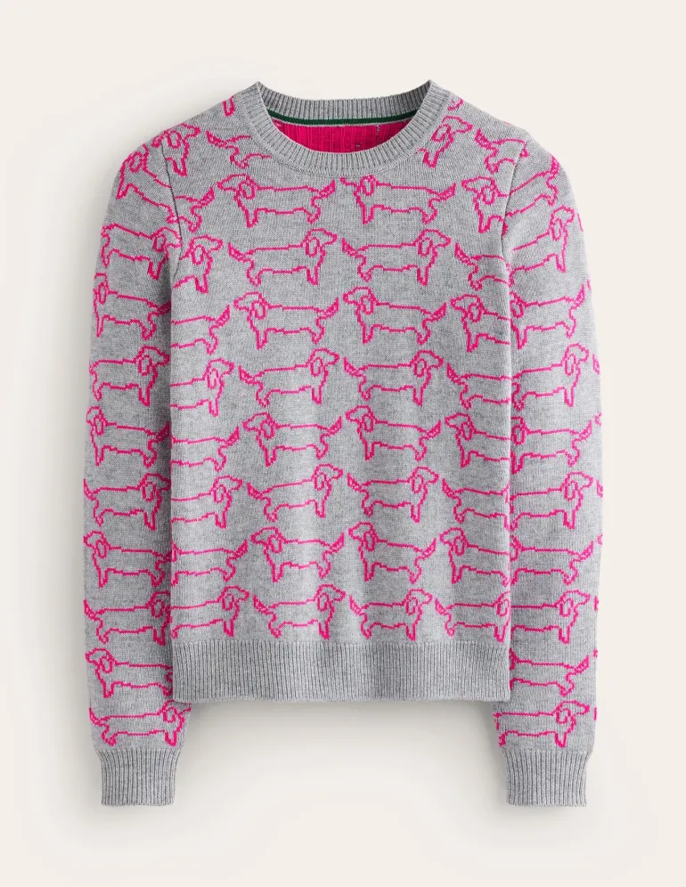 Heather Jacquard Sweater-Grey Marl, Pink Sausage Dog-Boden Outlet