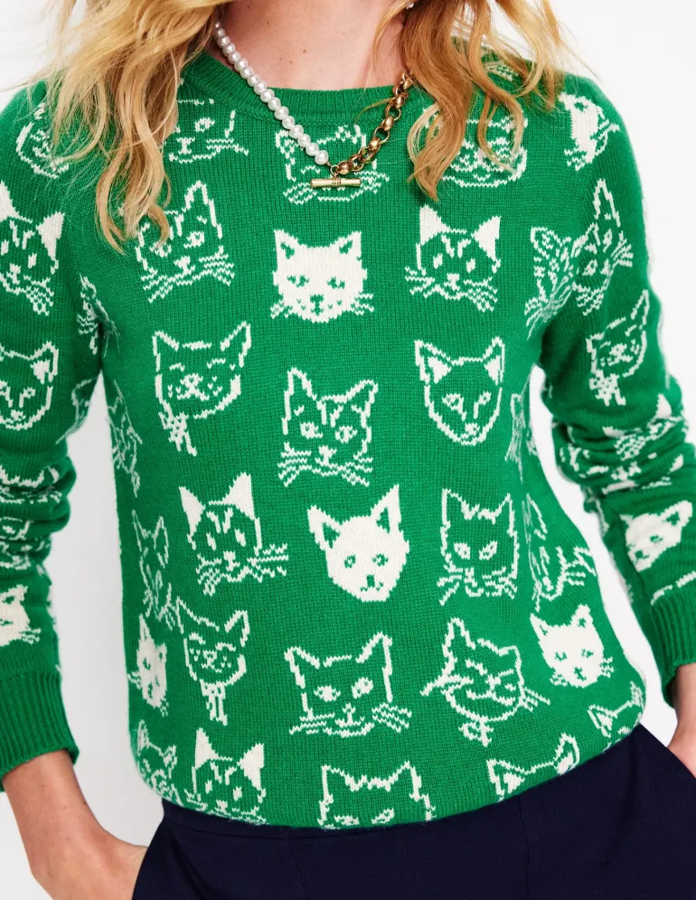 Heather Jacquard Sweater-Rich Emerald Green, Cats-Boden Hot