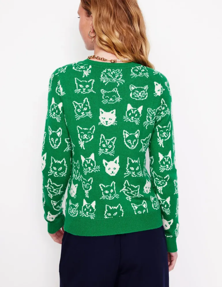 Heather Jacquard Sweater-Rich Emerald Green, Cats-Boden Hot