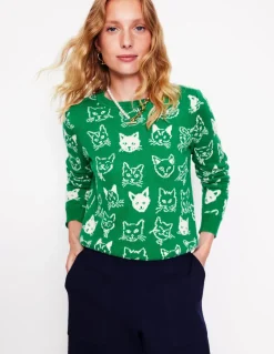 Heather Jacquard Sweater-Rich Emerald Green, Cats-Boden Hot