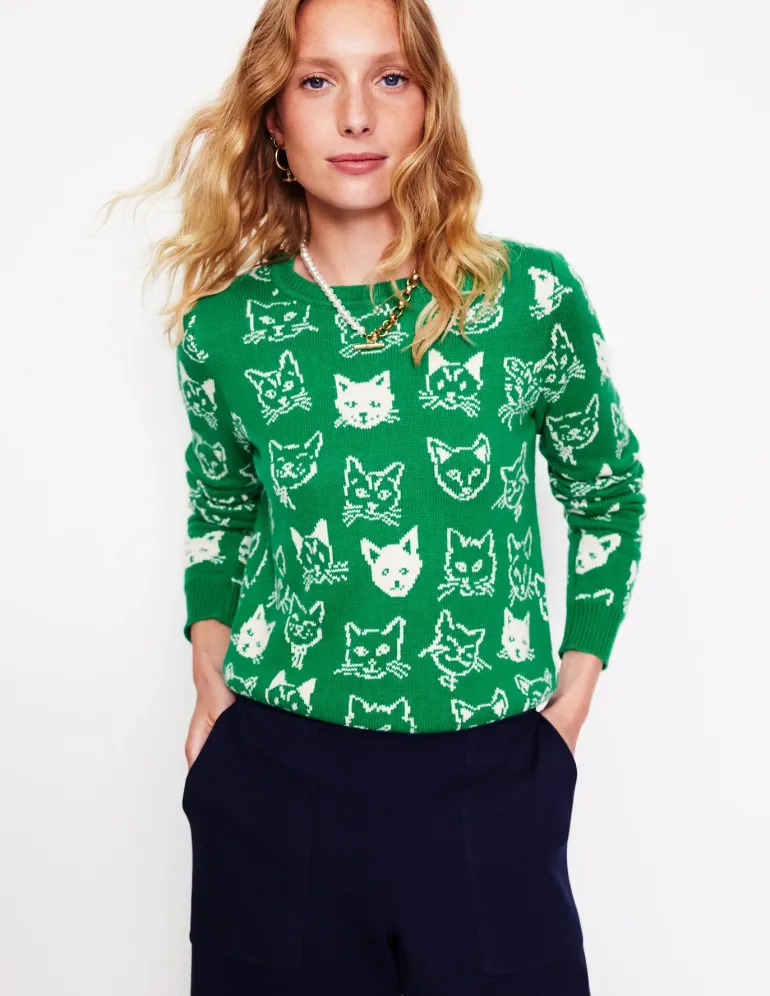 Heather Jacquard Sweater-Rich Emerald Green, Cats-Boden Hot