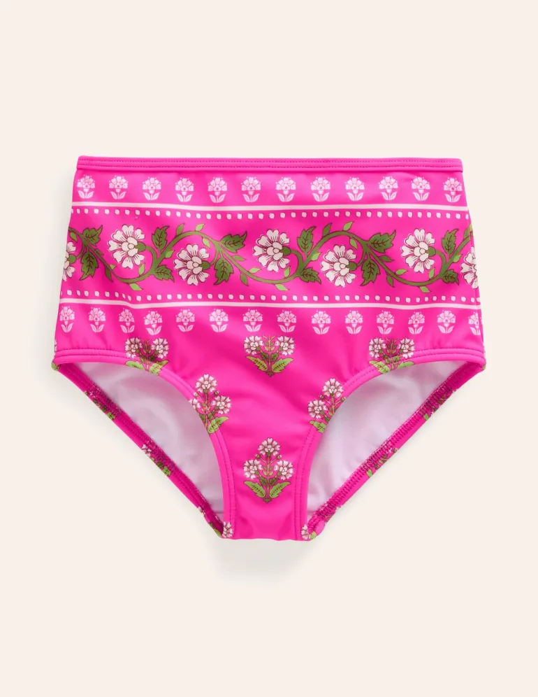 High Waisted Bikini Bottoms-Pink Small Woodblock-Boden Clearance