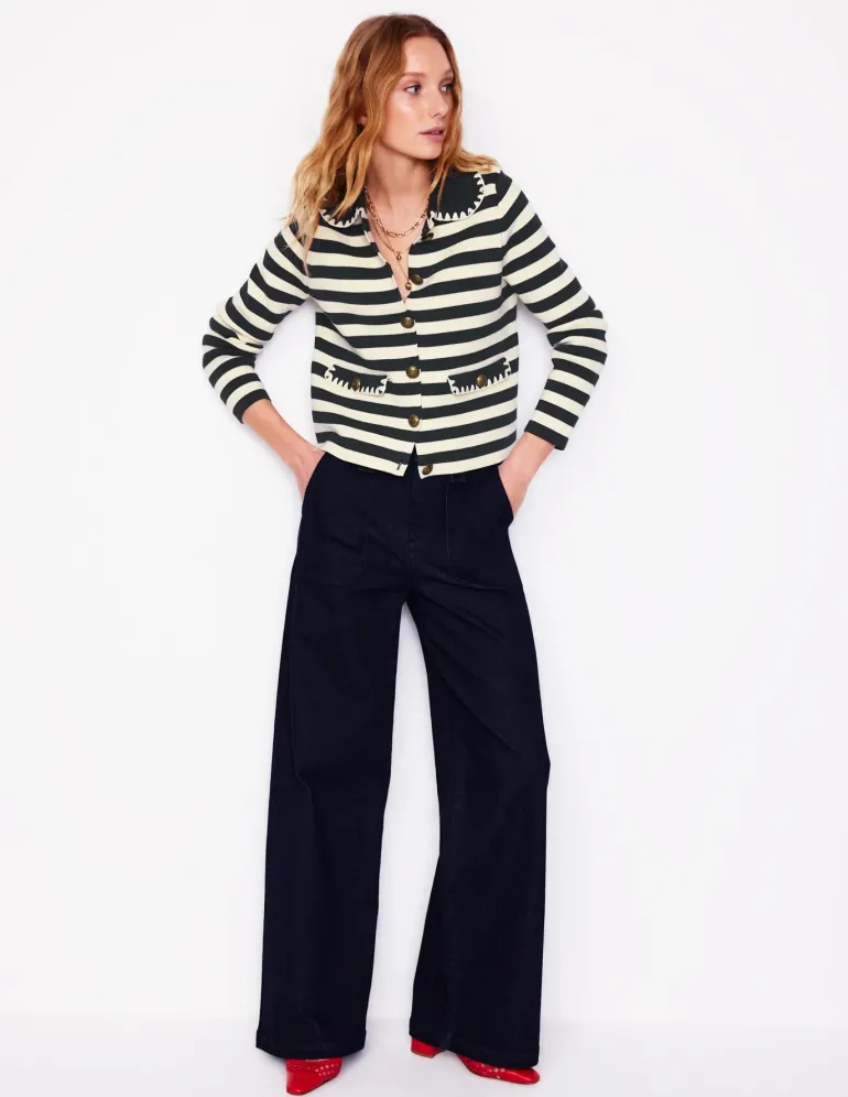 Holly Collared Knitted Jacket-Navy/ Ivory-Boden Best
