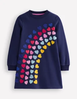 Ida Sweatshirt Appliqué Dress-College Navy Rainbow Hearts-Boden Best Sale
