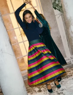 Isabella Cotton Sateen Skirt-Pine, Multi Stripe-Boden Clearance