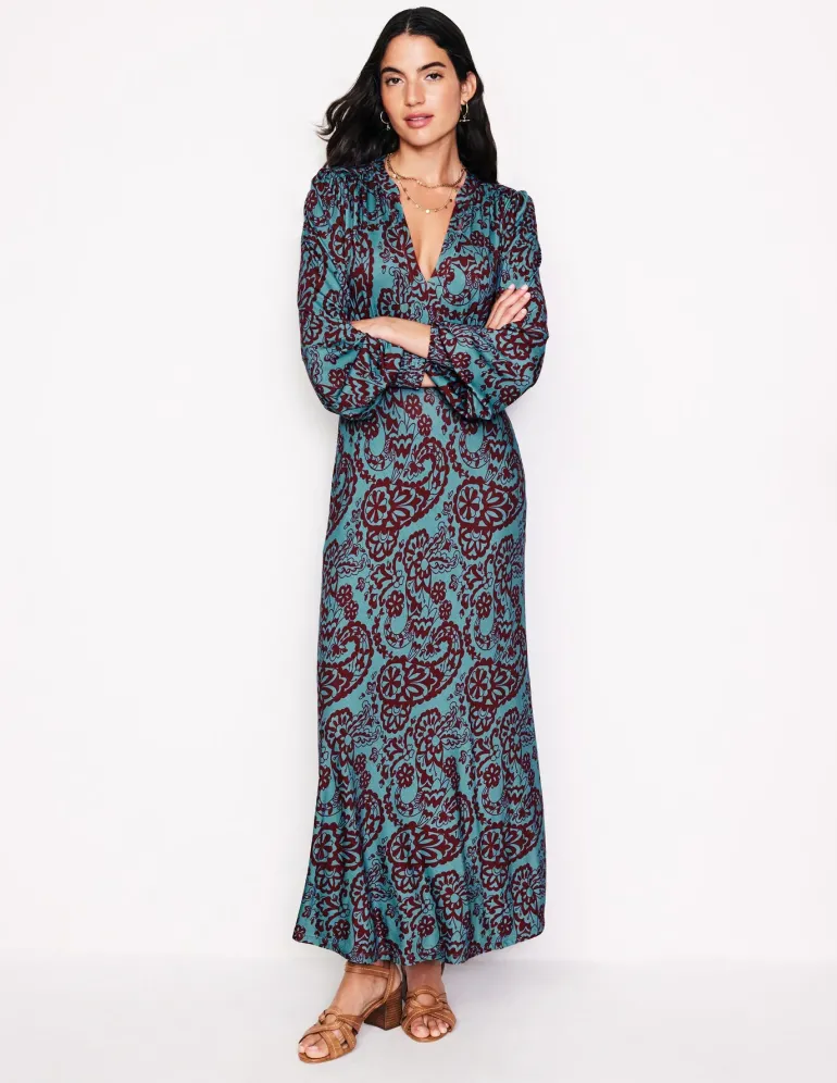Ivy Smocked Midi Dress-Blue Grass, Paisley Cascade-Boden Clearance