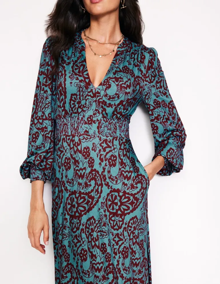 Ivy Smocked Midi Dress-Blue Grass, Paisley Cascade-Boden Clearance