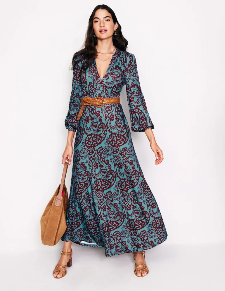 Ivy Smocked Midi Dress-Blue Grass, Paisley Cascade-Boden Clearance