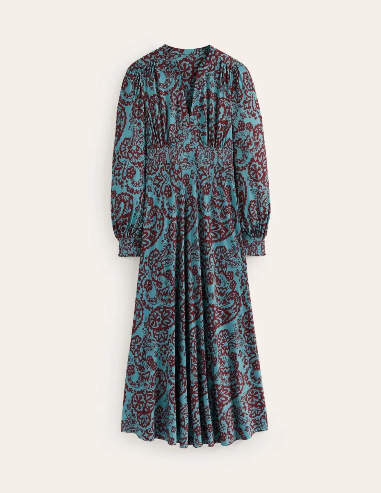 Ivy Smocked Midi Dress-Blue Grass, Paisley Cascade-Boden Clearance