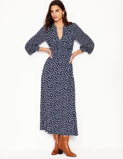 Ivy Smocked Midi Dress-College Navy, Abstract Dot-Boden Store