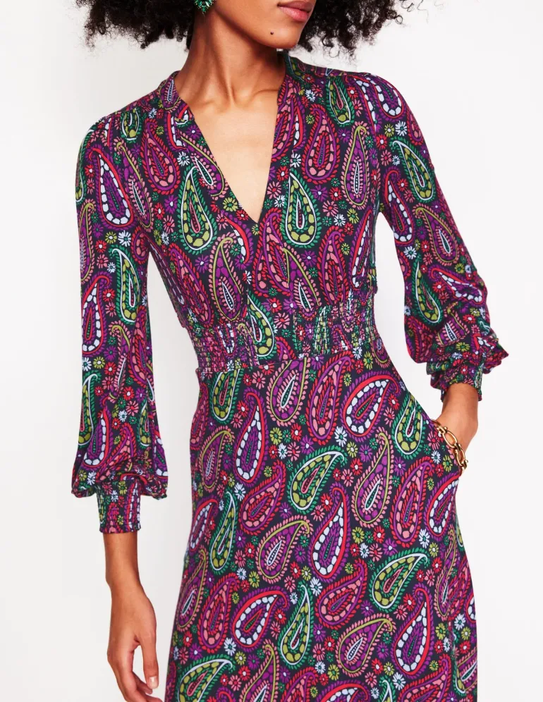 Ivy Smocked Midi Dress-Multi, Illustrated Paisley-Boden Flash Sale
