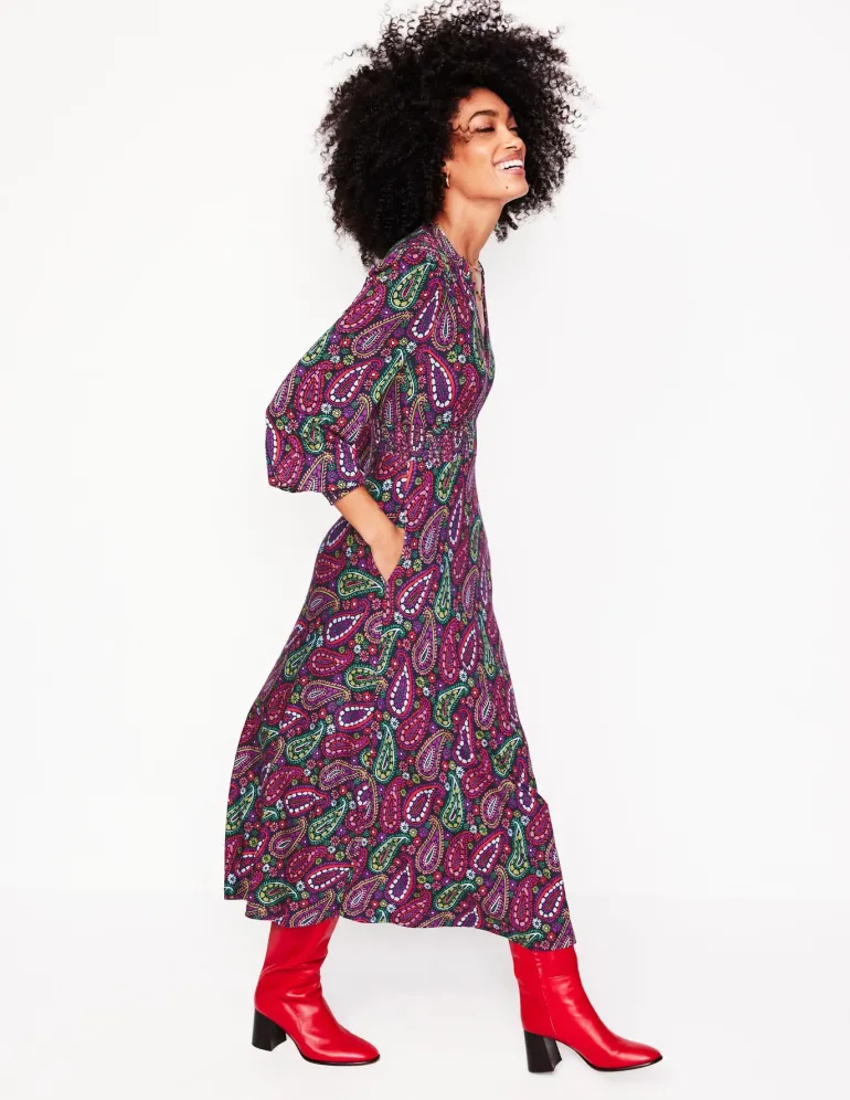 Ivy Smocked Midi Dress-Multi, Illustrated Paisley-Boden Flash Sale