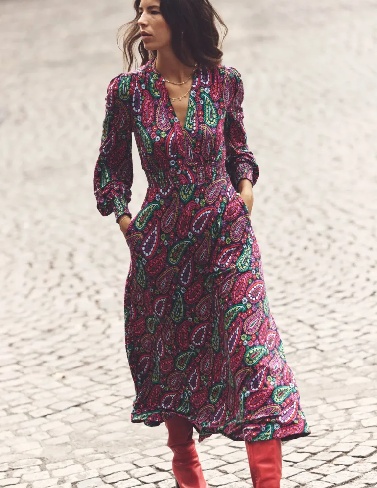 Ivy Smocked Midi Dress-Multi, Illustrated Paisley-Boden Flash Sale