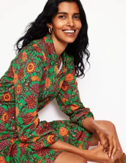 Jemima Tiered Jersey Dress-Rich Emerald, Ornate Bud-Boden Clearance