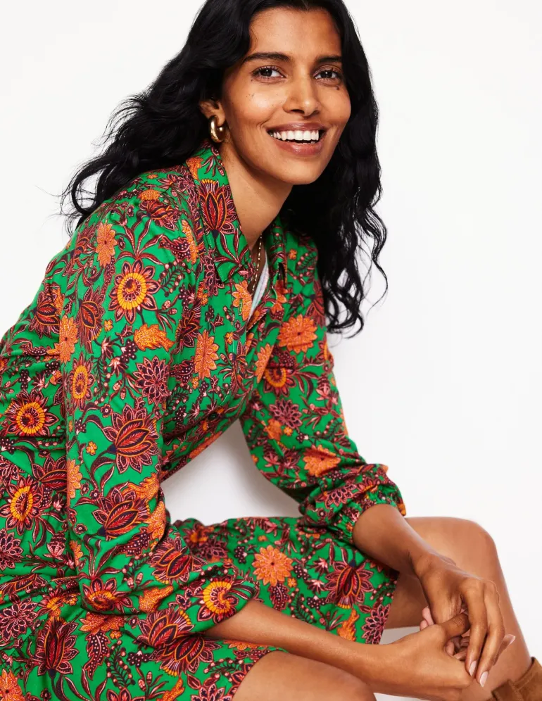Jemima Tiered Jersey Dress-Rich Emerald, Ornate Bud-Boden Clearance