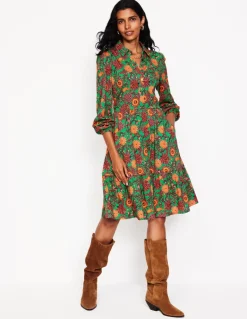 Jemima Tiered Jersey Dress-Rich Emerald, Ornate Bud-Boden Clearance