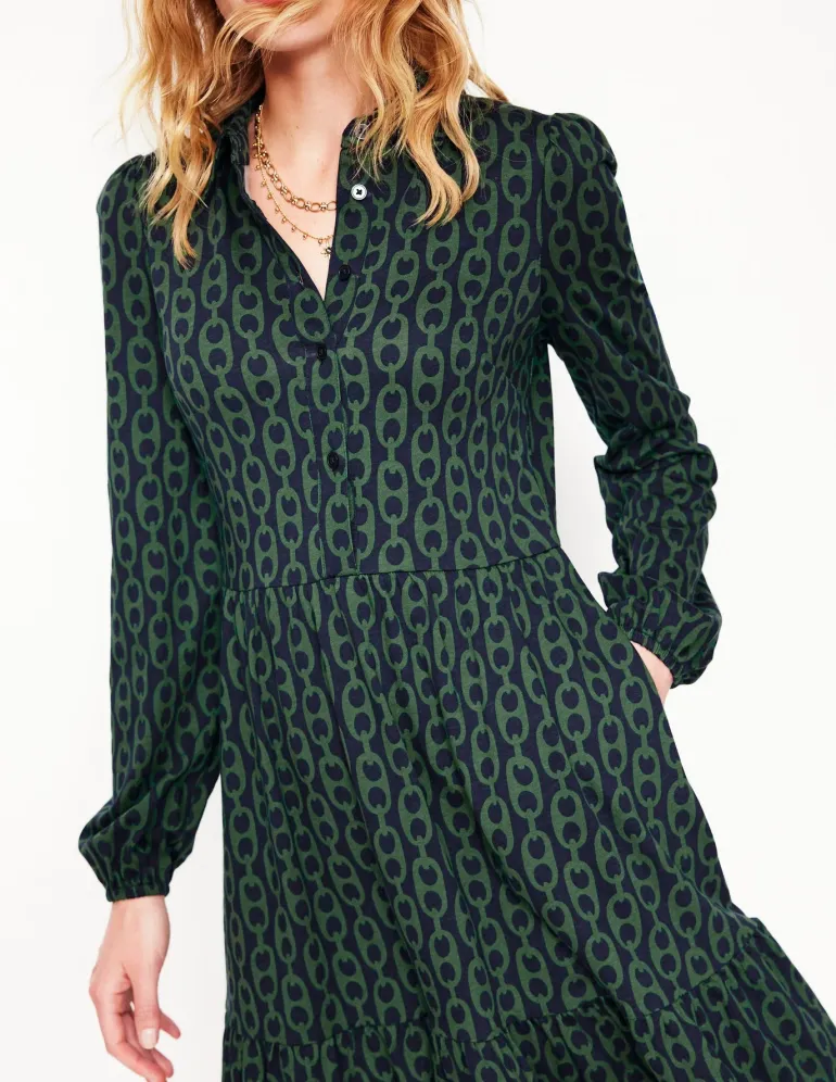 Jemima Tiered Jersey Dress-Pine, Geo Chain-Boden Shop