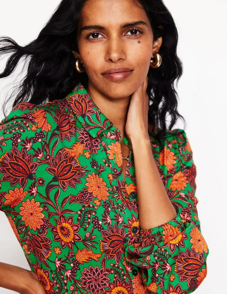 Jemima Tiered Jersey Dress-Rich Emerald, Ornate Bud-Boden Clearance