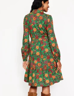 Jemima Tiered Jersey Dress-Rich Emerald, Ornate Bud-Boden Clearance