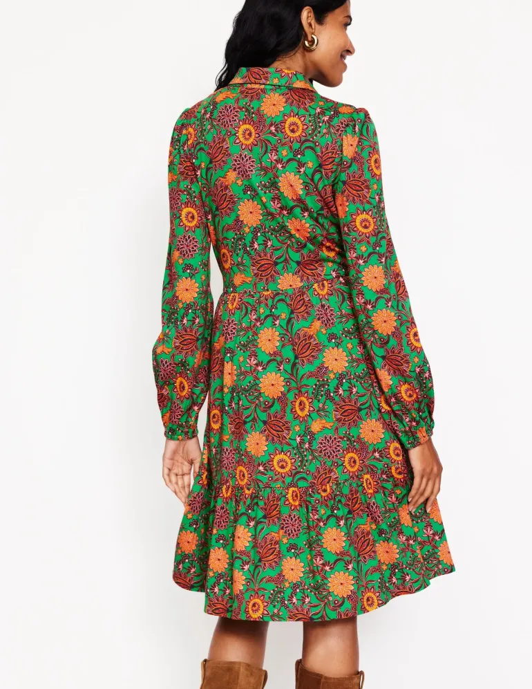 Jemima Tiered Jersey Dress-Rich Emerald, Ornate Bud-Boden Clearance