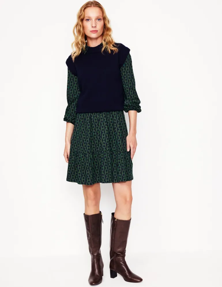 Jemima Tiered Jersey Dress-Pine, Geo Chain-Boden Shop