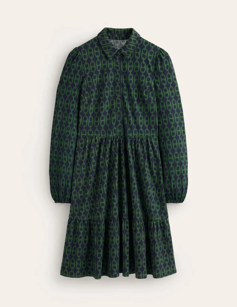 Jemima Tiered Jersey Dress-Pine, Geo Chain-Boden Shop