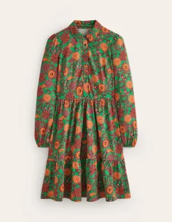 Jemima Tiered Jersey Dress-Rich Emerald, Ornate Bud-Boden Clearance