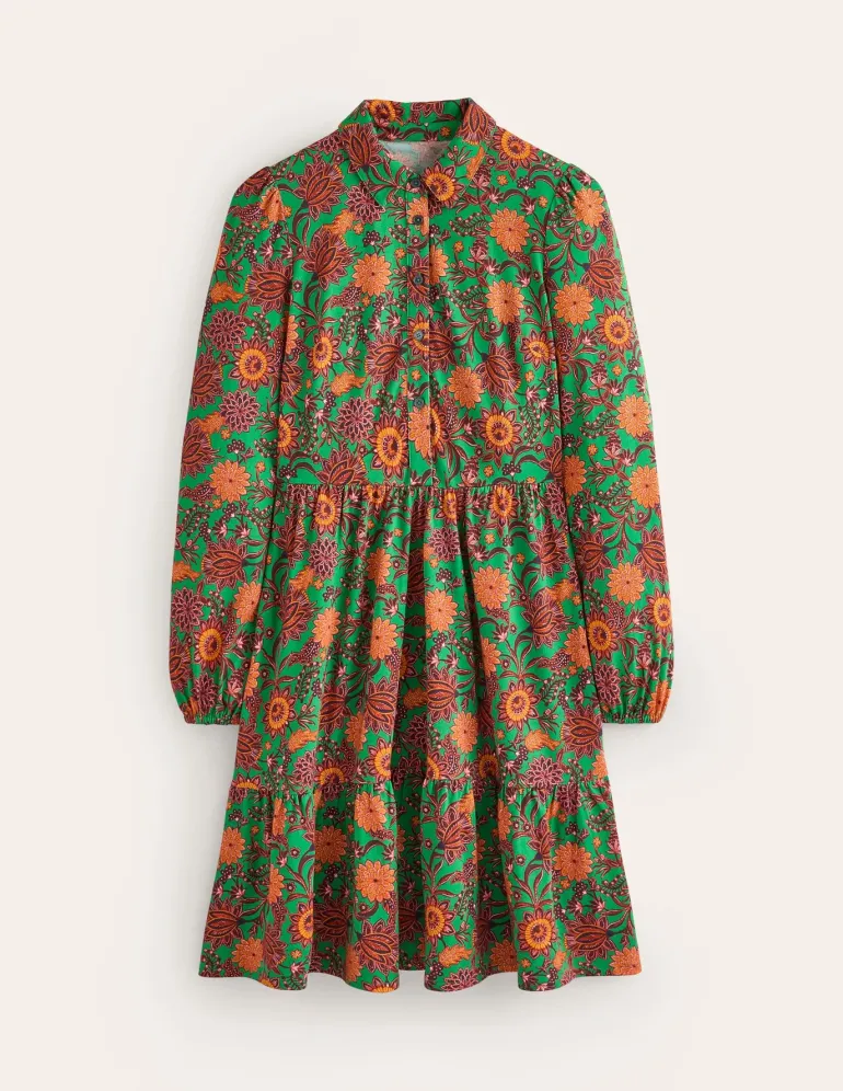 Jemima Tiered Jersey Dress-Rich Emerald, Ornate Bud-Boden Clearance