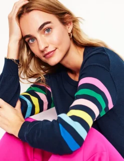 Lara Relaxed Cotton Jumper-Navy Rainbow Sleeve Stripe-Boden Discount