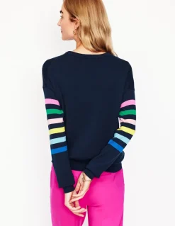 Lara Relaxed Cotton Jumper-Navy Rainbow Sleeve Stripe-Boden Discount
