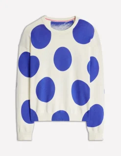 Lara Relaxed Cotton Jumper-Ivory/ Bright Blue Spot-Boden New