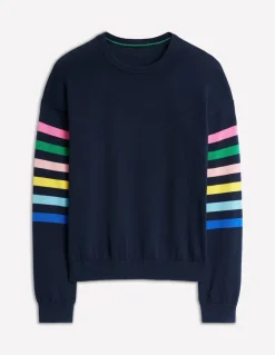 Lara Relaxed Cotton Jumper-Navy Rainbow Sleeve Stripe-Boden Discount