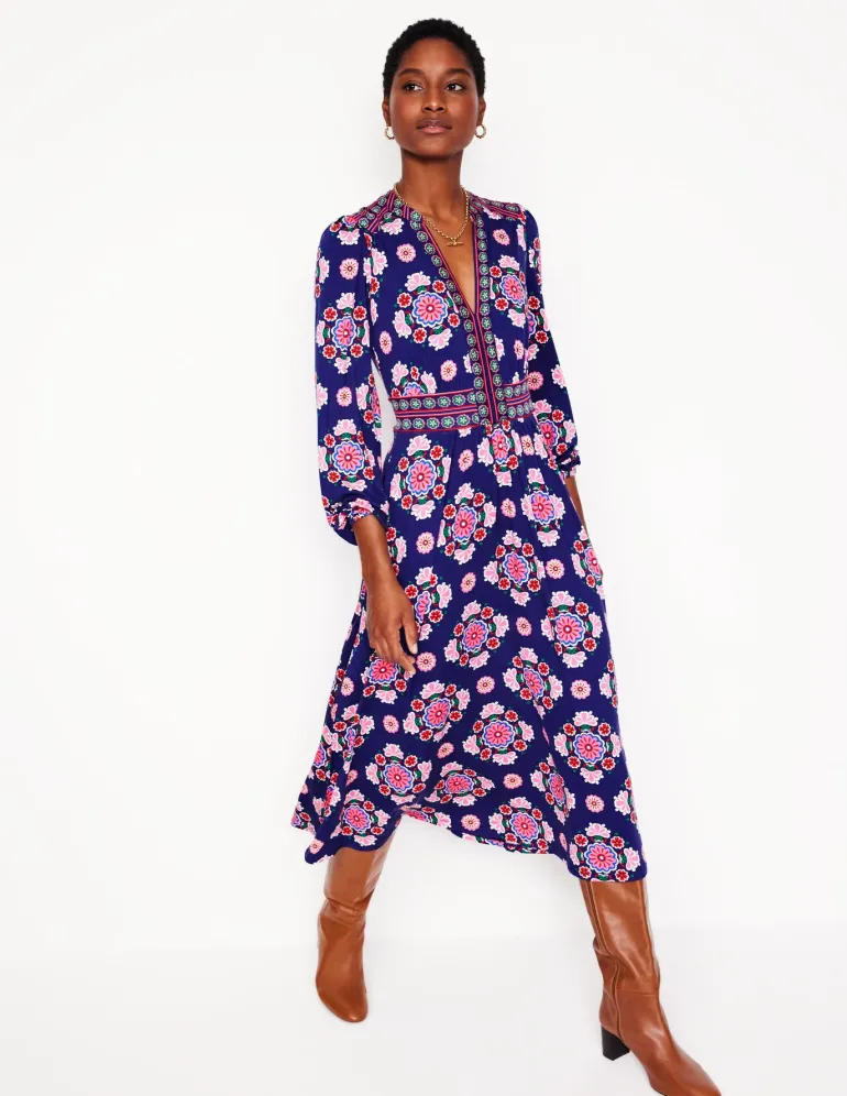 Lily Long Sleeve Midi Dress-Starboard Blue, Meadow Posy-Boden Best
