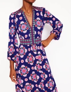 Lily Long Sleeve Midi Dress-Starboard Blue, Meadow Posy-Boden Best