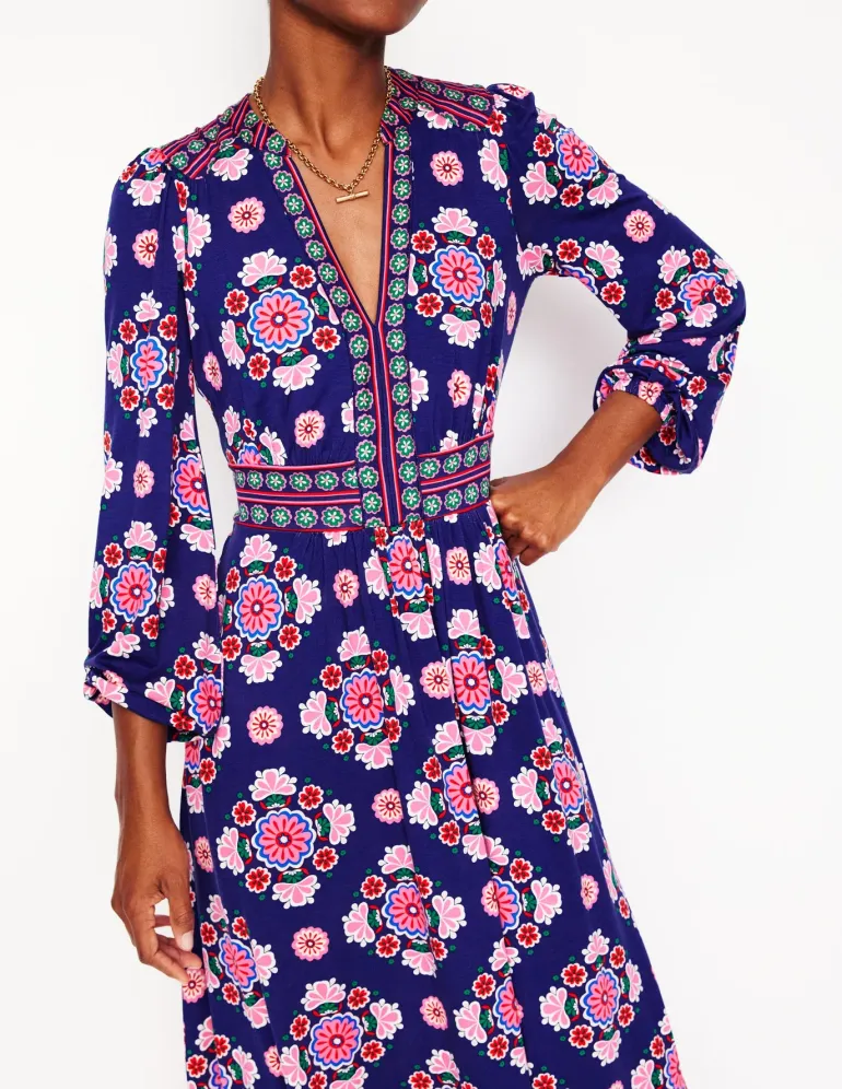 Lily Long Sleeve Midi Dress-Starboard Blue, Meadow Posy-Boden Best