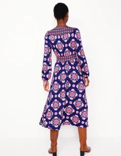 Lily Long Sleeve Midi Dress-Starboard Blue, Meadow Posy-Boden Best