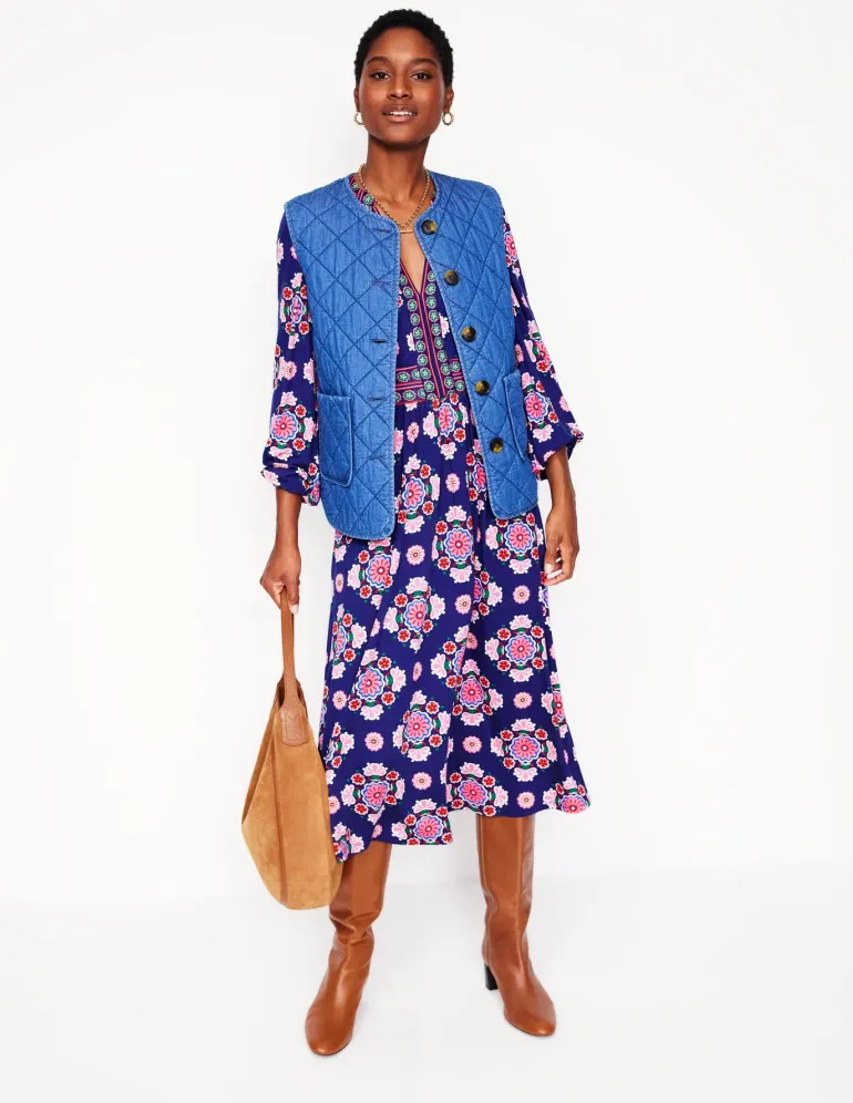 Lily Long Sleeve Midi Dress-Starboard Blue, Meadow Posy-Boden Best