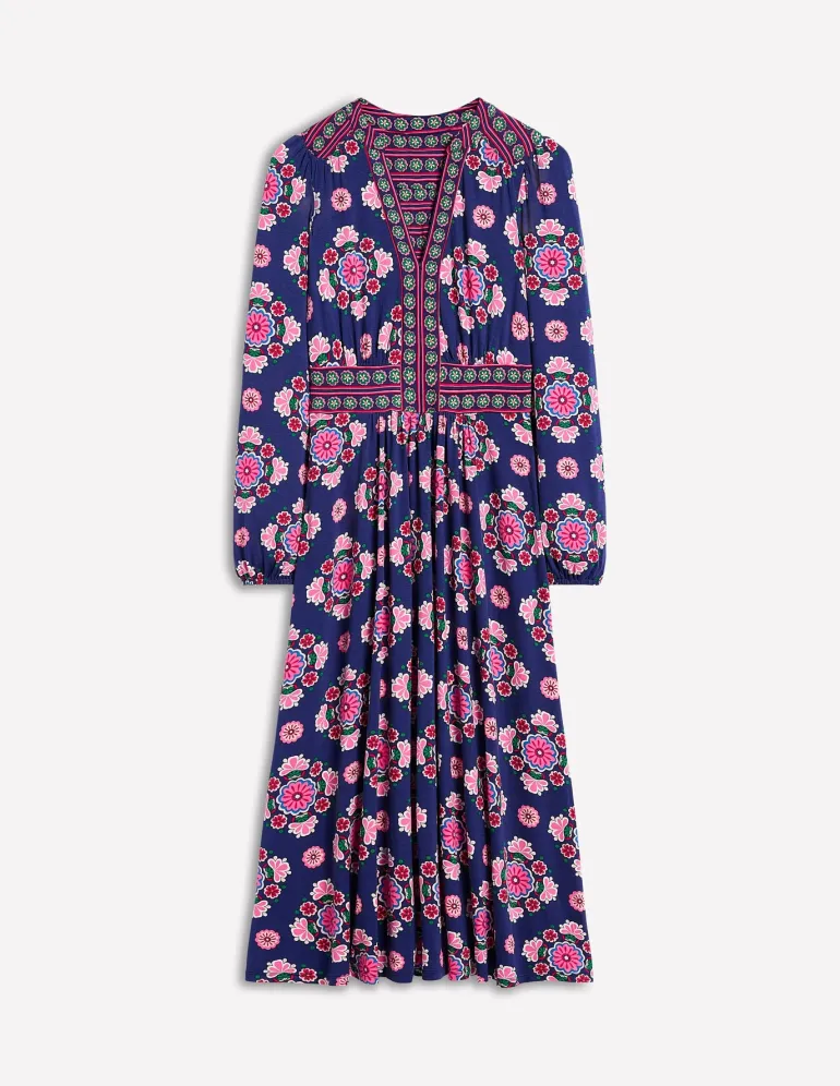 Lily Long Sleeve Midi Dress-Starboard Blue, Meadow Posy-Boden Best