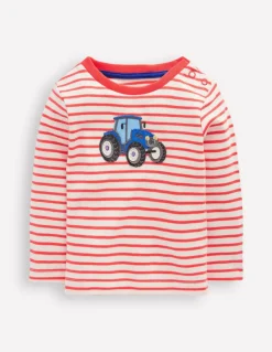 Long Sleeve Appliqué T-shirt-Soft Ivory and Jam Red Stripe-Boden Flash Sale