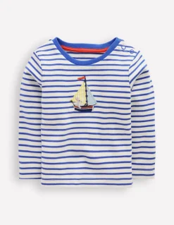 Long Sleeve Appliqué T-shirt-Ivory and Blue Heron Stripe-Boden Cheap