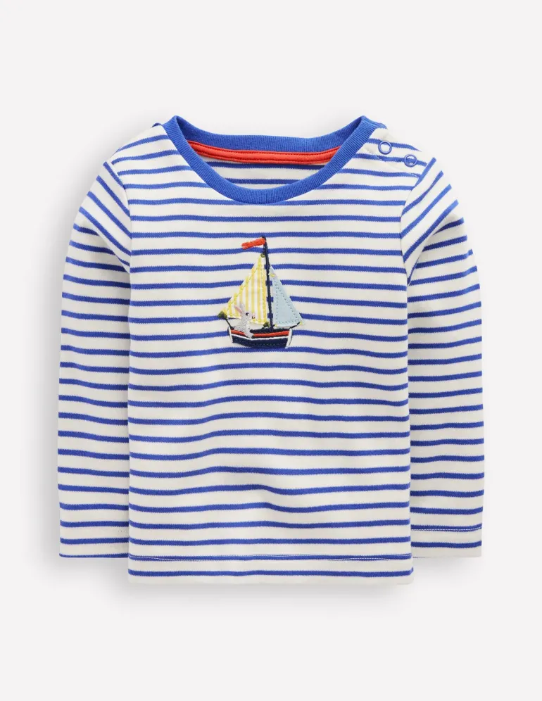 Long Sleeve Appliqué T-shirt-Ivory and Blue Heron Stripe-Boden Cheap