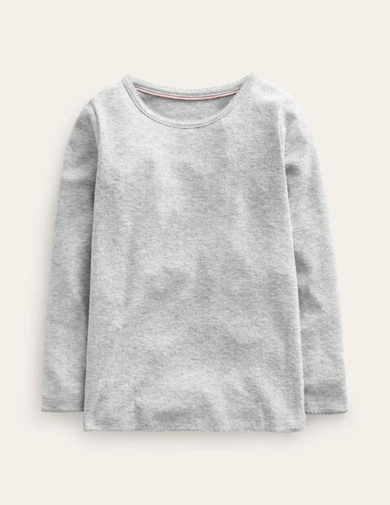 Long Sleeve Pointelle Top-Grey Marl-Boden Fashion