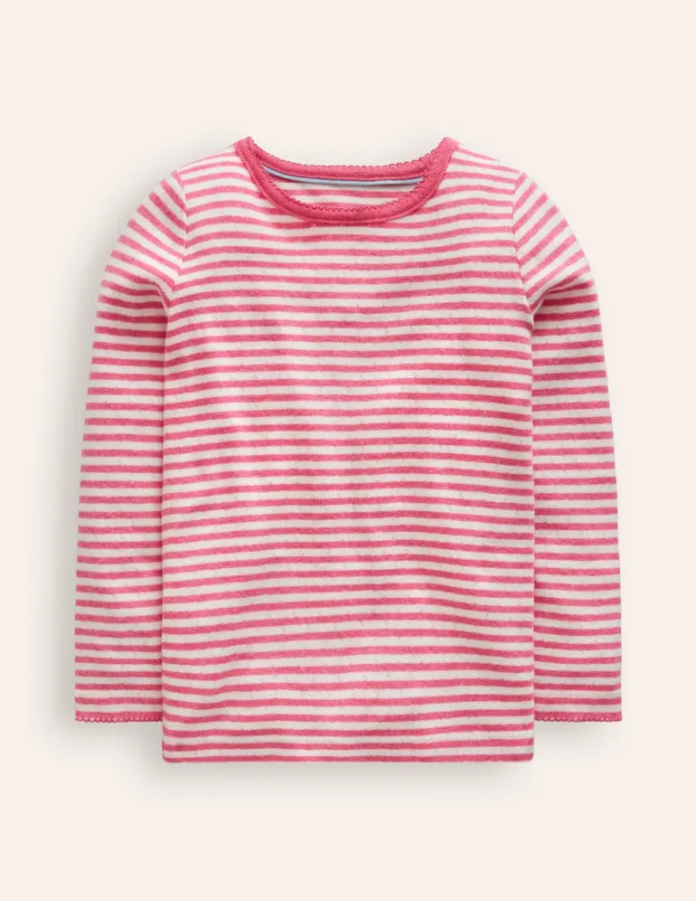 Long Sleeve Pointelle Top-Ivory/ Rose Petal Pink-Boden Clearance
