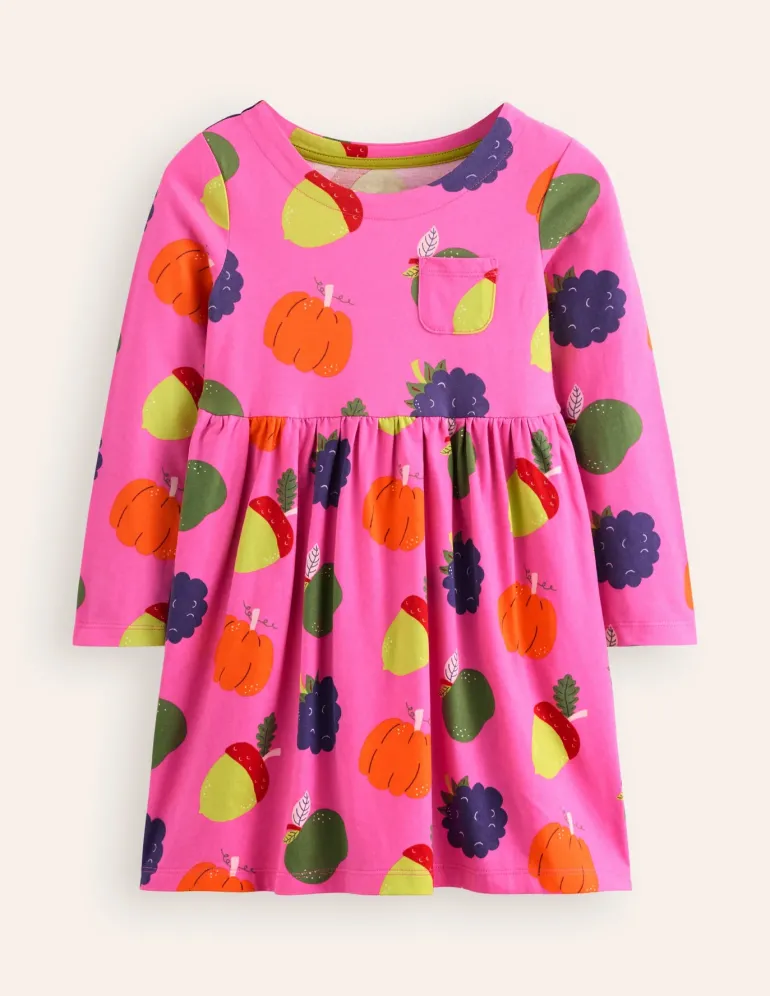 Long-Sleeved Fun Jersey Dress-Tickled Pink Autumn Friends-Boden Clearance