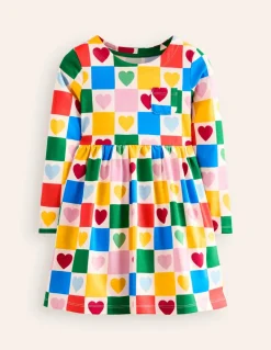 Long-Sleeved Fun Jersey Dress-Multi Chequerboard Hearts-Boden Online