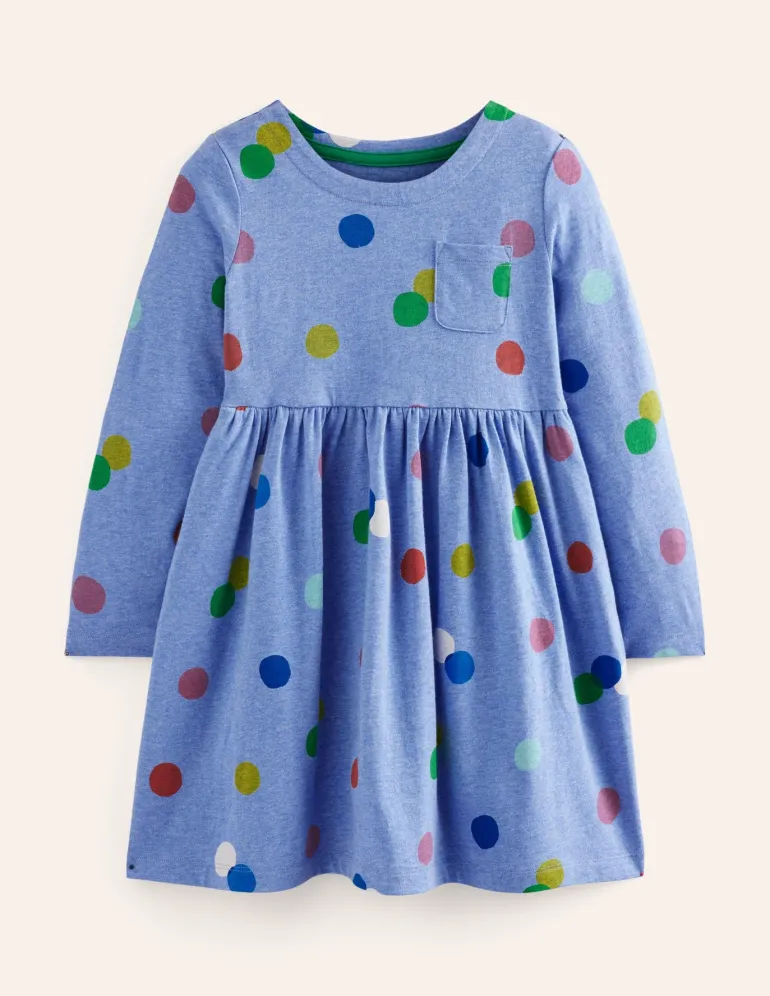 Long-Sleeved Fun Jersey Dress-Blue Marl Painted Spot-Boden Discount