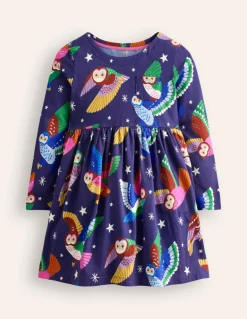 Long-Sleeved Fun Jersey Dress-College Navy Owls-Boden Fashion