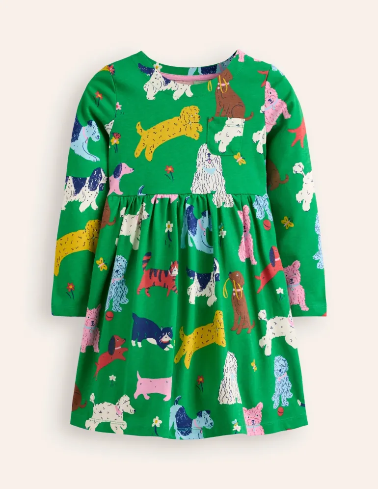 Long-Sleeved Fun Jersey Dress-Green Park Play Pets-Boden Fashion
