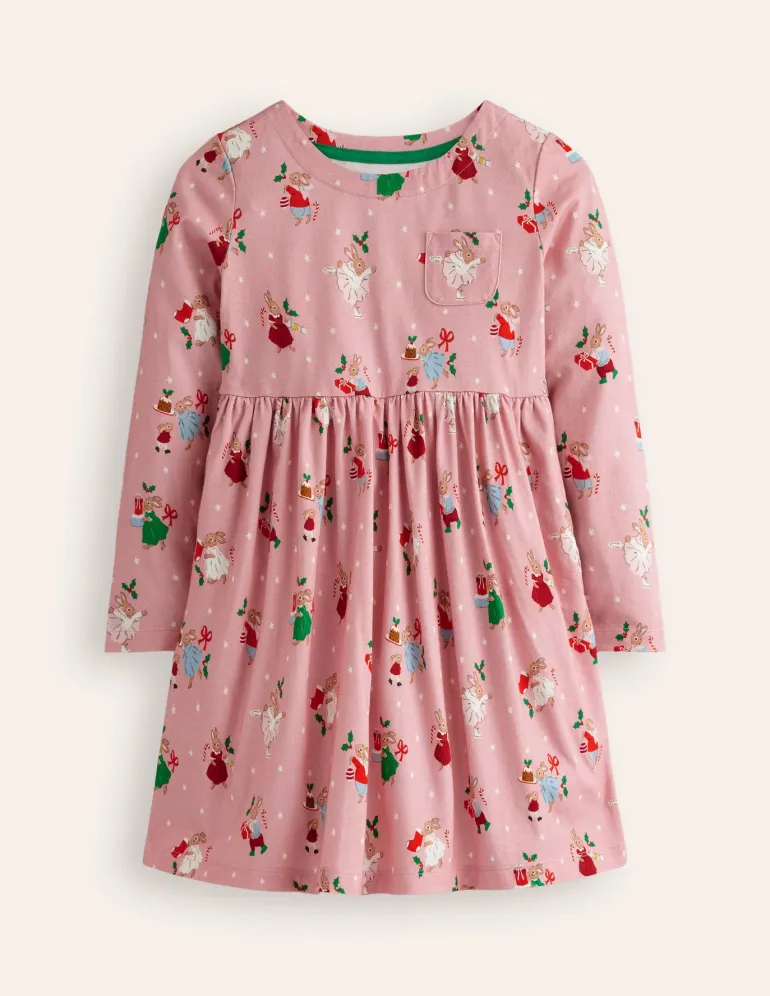 Long-Sleeved Fun Jersey Dress-Vintage Pink Festive Bunny-Boden Cheap